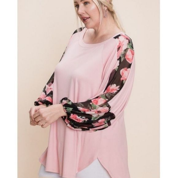 Lovely Rosetta Tops - Pink Plus Size Top With Floral Sleeves